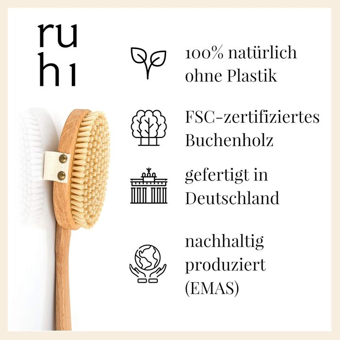 RUHI Body Brush Long / Made in Germany / 100% Natural Bristles, FSC-Certified Beechwood / Back Brush / Plastic-Free for Dry Brushing Massage Back (dry brush back) & against Cellulite
