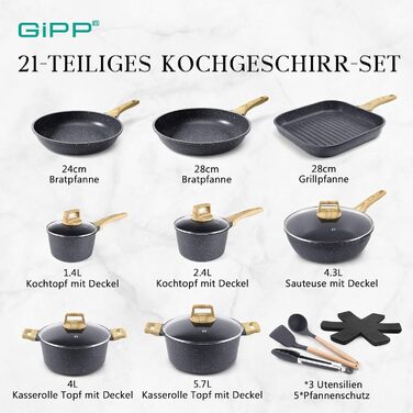 Набір посуду GiPP Keramik Antihaft: 22 частини (сірий) - посуд з керамічним покриттям, без PFAS, PFOA, PTFE, PFOS