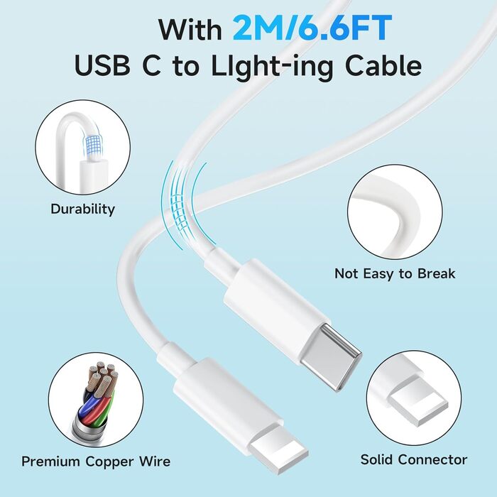 Зарядний пристрій 20W USB-C з кабелем Lightning для iPhone 14/13/12/11/X/XR/XS/Mini/SE - 2 шт, Швидка зарядка PD3.0, Білий