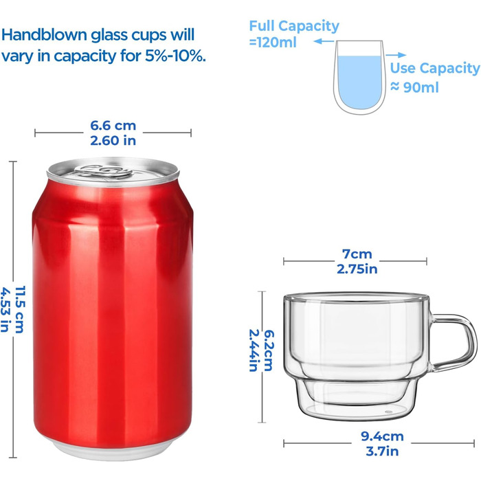 Glastal Stackable Glasses 120ml Espresso Glasses Double-Walled Espresso Cups Glass 4-Piece Set, Double-Walled Coffee Glasses Tea Glasses Espresso Cups Set for Tea, Milk, Gift for Women Men