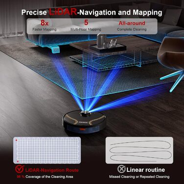 Робот-пилосос Chuboor з функцією миття 3 в 1, 6500Pa, LiDAR навігація, керування через додаток/WiFi/Alexa, автозарядка, 150 хв роботи, для шерсті тварин, килимів та твердих підлог, чорний