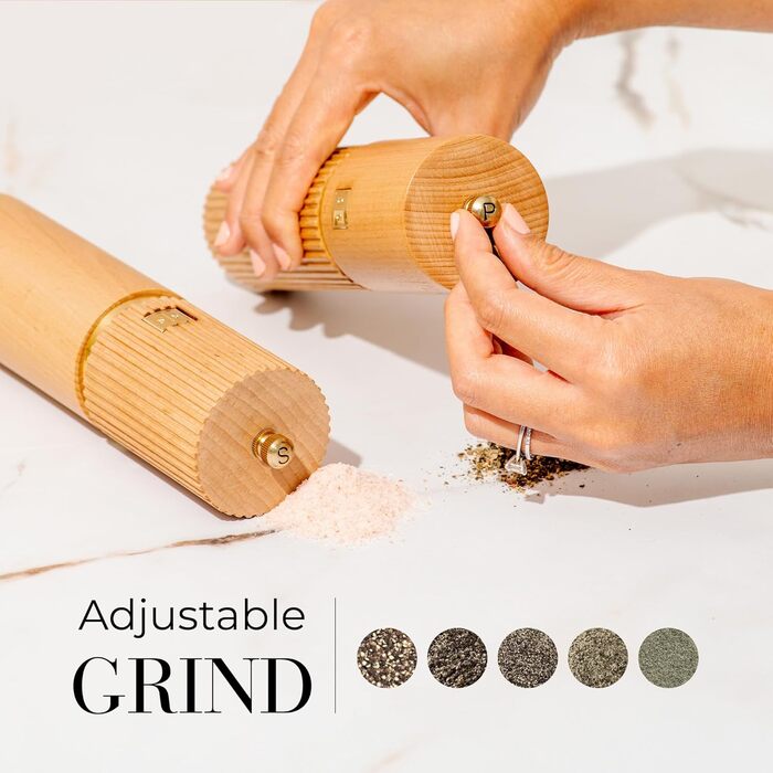 Набір для солі та перцю Styled Settings – 2 шт. ручні млини з регульованим керамічним жорном та дерев'яною підставкою. Ідеальний подарунок (бук).