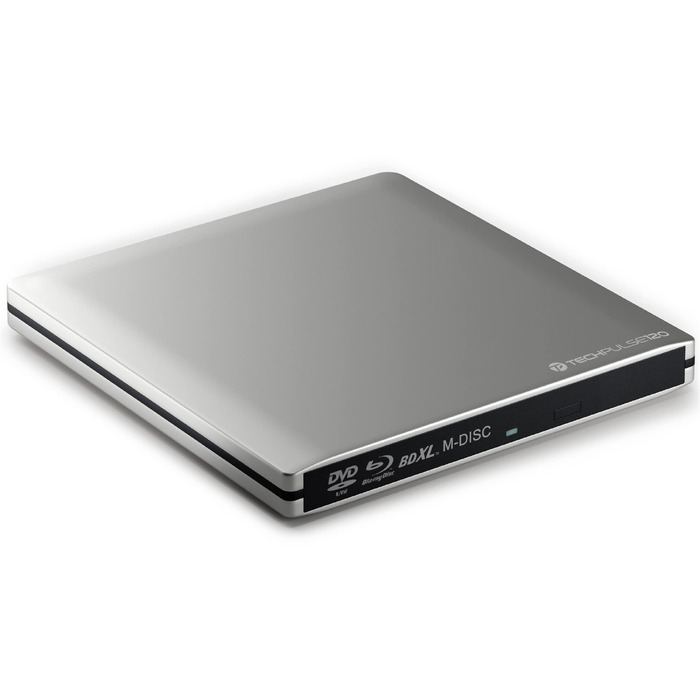 Зовнішній Blu-ray привід techPulse120 USB 3.1 Type-C M-Disc BDXL записувач та плеєр CD/DVD/BD Slim для PC, Notebook, Mac OS, MacBook Pro/Air, алюміній, срібло
