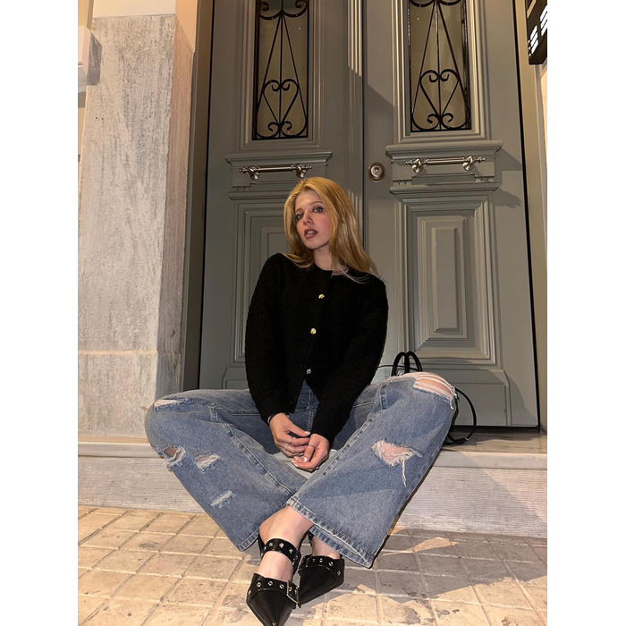 Жакет Zeagoo з довгими рукавами, кардиган з круглою горловиною, в'язана куртка з відкритим фронтом, елегантний в'язаний светр для жінок (XL, чорний)