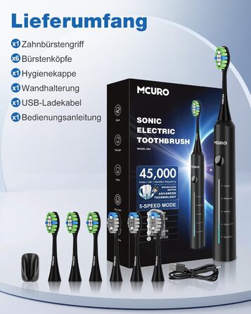 Електрична зубна щітка Sonic, 45000 VPM, відбілювання за тиждень, 120 днів роботи акумулятора, індикатор заряду, 6 насадок DuPont, 5 режимів, таймер, чорна