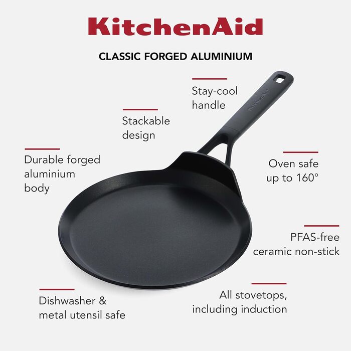 Сковорода для млинців KitchenAid Classic 24 см, кована, анодований алюміній, керамічне антипригарне покриття без PFAS, для індукції, духовки, посудомийки, чорна