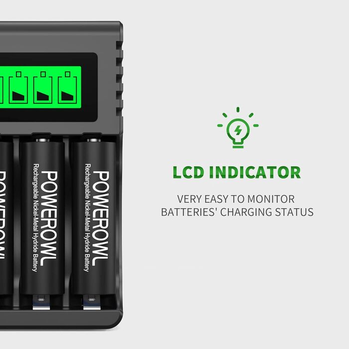 Зарядний пристрій POWEROWL з 8 акумуляторами: 4xAA 2800mAh + 4xAAA 1000mAh Ni-MH для швидкої зарядки