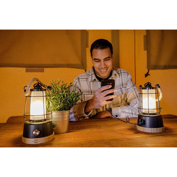 Brennenstuhl LED Rechargeable Camping Lantern CAL 1 (350 lm, IP44, up to 75h runtime, infinitely dimmable, adjustable color temperature, rechargeable USB outdoor lamp with hemp rope and bamboo base)