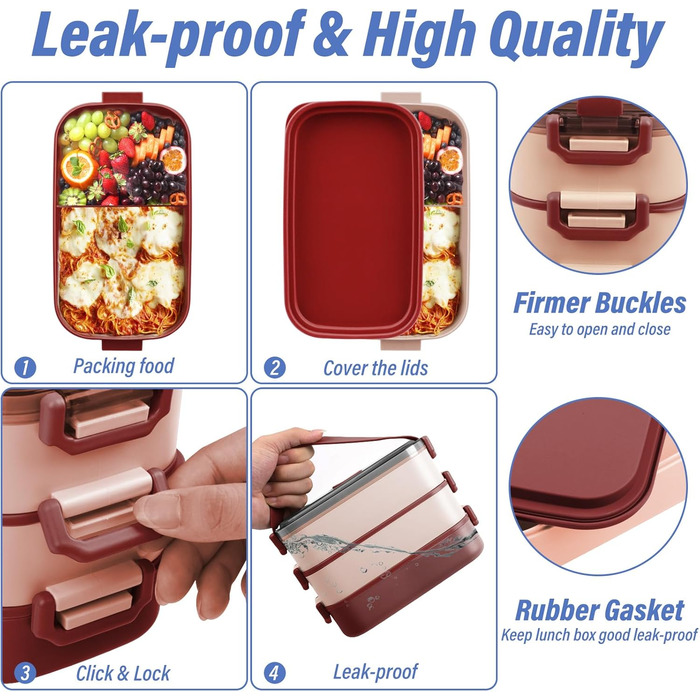 Ланчбокс Brotdose на 3 секції, 2200 мл, з посудом, без BPA, для дорослих, мікрохвильова піч, бежевий