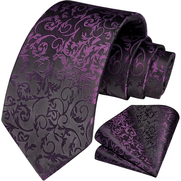 Кравка для чоловіків HISDERN: весільний комплект з краваткою та нагрудною хустинкою в павловій візерунку (фіолетовий)