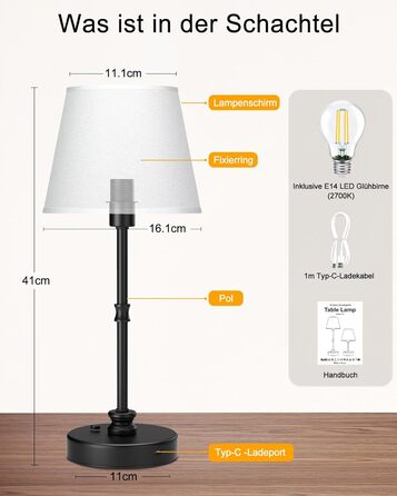 LED-лампа EppieBasic настільна бездротова, торшер сенсорний диммування, акумулятор 5200mAh, тепле світло 2700K, для спальні, вітальні, ванної кімнати (чорний)