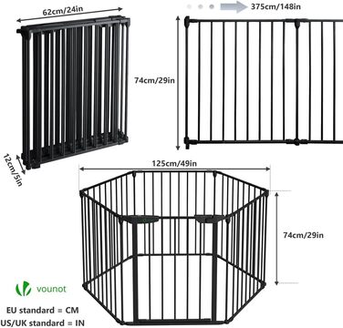 Захисне ґратка для каміну Vounot 375см з дверцятами, металева, для дітей, чорна