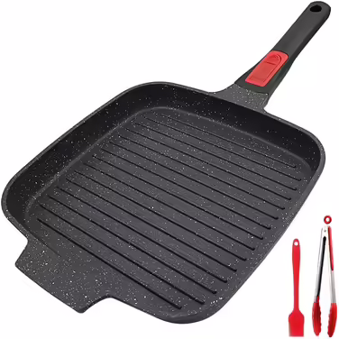 RANX INGST Grill Pan Induction with Removable Handle, 26 x 24 cm Steak Pan, Non-Stick Coated Aluminum Grill Pan, All Cooktops - (Black, no lid)