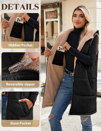 Жіноча жилетка Tuopuda з капюшоном, степкова, з флісовою підкладкою, тепла зимова куртка, безрукавка, термо-жилетка, на блискавці, чорна, розмір S