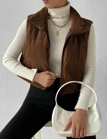 Жіноча жилетка Gihuo з наповнювачем Cord, кроп-силует, комір-стійка, на блискавці, без рукавів, коричнева