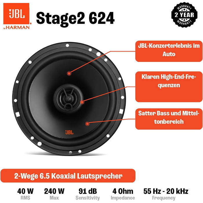 JBL Stage2 624 автомобільні 2-смугові динаміки Harman Kardon, 240 Вт, комплект колонок 16-17 см