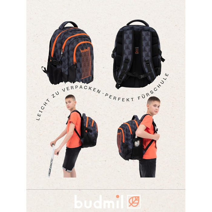 Ергономічний шкільний рюкзак Budmil для хлопчиків та дівчаток 32L - для підлітків та дітей від 5 класу - водонепроникний, з 3 відділеннями та вентильованою спинкою (Edwin Orange)