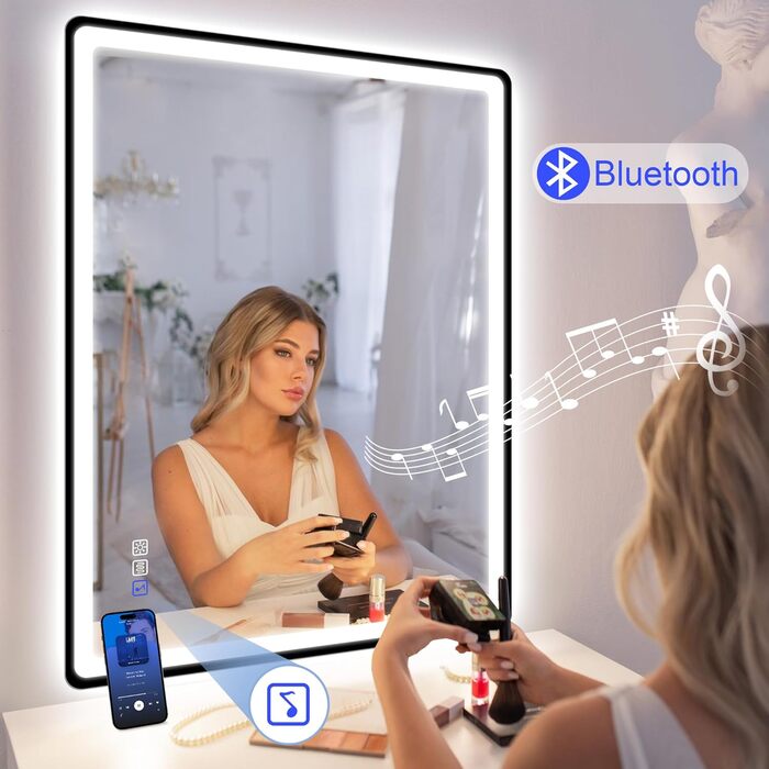 Дзеркало для ванної кімнати зі світлодіодним підсвічуванням STARLEAD 80x60 см, Bluetooth, протитуманне, регульоване, 3 кольори світла, HD скло, IP44, горизонтальне/вертикальне