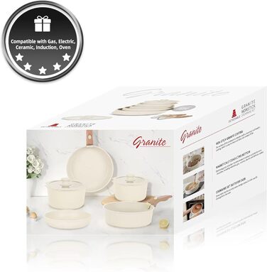 Набір посуду RIOVARM з індукційним дном, 15 предметів: каструлі та сковороди з антипригарним гранітним покриттям та знімними ручками, кришки з силікону. Без PFOA.