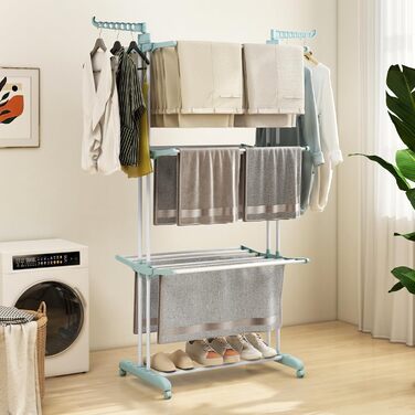 Сушарка для білизни COSTWAY 4-рівнева з колесами, розкладна, з 2 обертовими крилами, висувна, для дому та вулиці (світло-блакитна)