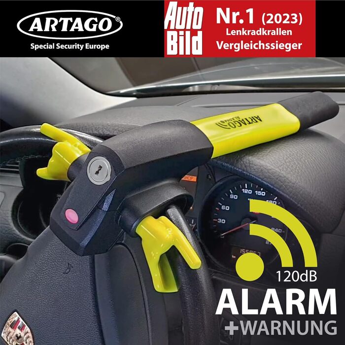 ARTAGO 870 Блокіратор керма 2-в-1 з сигналізацією 120дБ і LED, протиугінний замок для авто, на кермову спицю, преміум якість