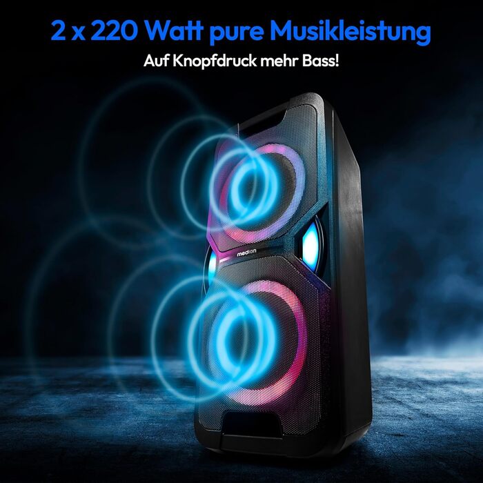 MEDION PE-1 Pure Partybox: портативна Bluetooth-колонка з мікрофоном, світлові ефекти, караоке, AUX, USB, радіо (2 x 220 Вт)