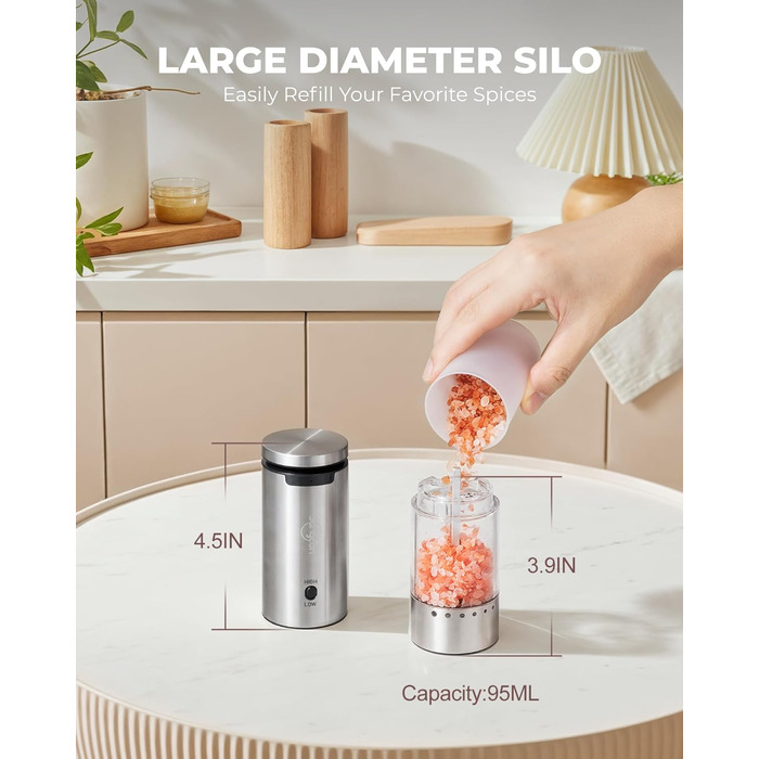 Sangcon Electric Salt and Pepper Grinder Set, 2 Speeds Rechargeable, 6 Externally Adjustable Grind Settings, Automatic Salt and Pepper Grinder Set with Storage Base, One-Hand Operation