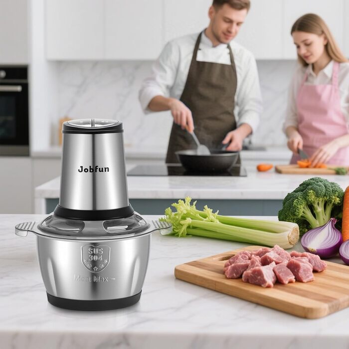 Електричний подрібнювач Jobfun 2L з нержавіючої сталі, 2 швидкості, мультиподрібнювач, м'ясорубка, подрібнювач для м'яса, цибулі, овочів (сірий)