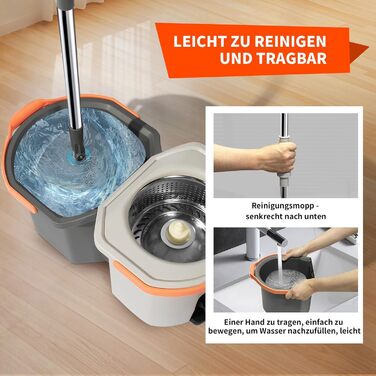 Набір для миття підлоги з відром, моп з функцією віджиму, відро з педальним механізмом та 2-камерним відсіком, повний набір з 3 мікрофібровими накладками для ламінату, паркету та плитки (світло-сірий)