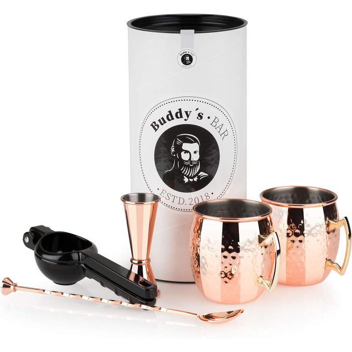 Buddy's Bar - Moscow Mule Complete Set, 2 x 500 ml Cocktail Glasses, 27 cm Bar Spoon, 5 cl Jigger & Black Lime Squeezer, Food-Safe, Cocktail Glass Set including Gift Box, Hammered Copper