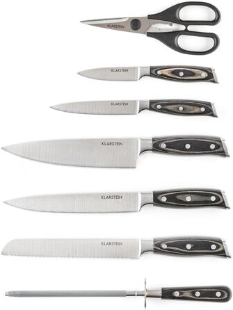 Klarstein Katana 8 Professional Knife Set - 8-Piece Stainless Steel Kitchen Knife Set with Block, Brown Wood Block