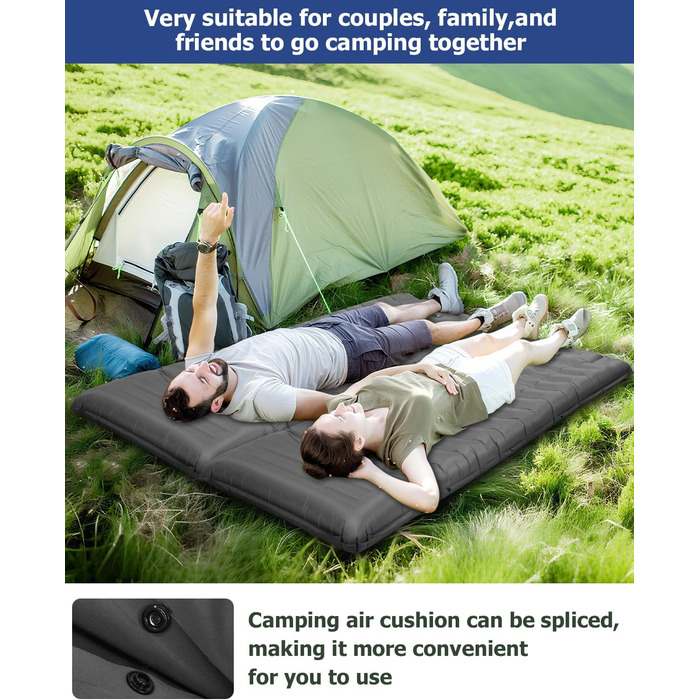 Tixexo Self-Inflating Sleeping Pad - Camping Air Mattress with Foot Pump - 13cm Thick, Spliceable, Outdoor Hiking & Camping Cushion - Grey