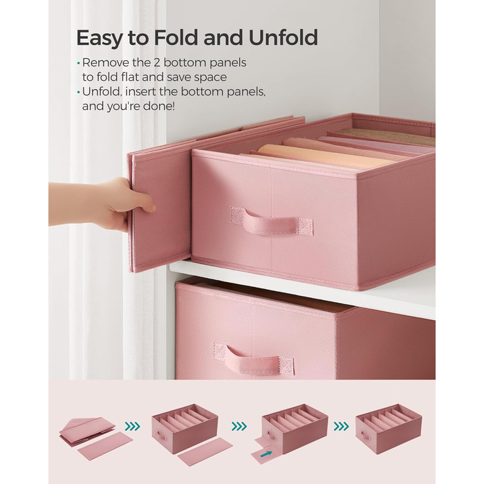 SONGMICS Set of 4 Drawer Organizers, 6 Compartments, Closet Organizer, Foldable, Clothes Organizer, 41.5 x 30.8 x 17.8 cm, for Pants, Clothing, URUS009G04 (Jelly Pink)