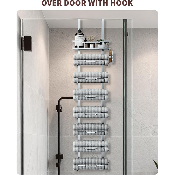 Настінний тримач для рушників у ванну кімнату, без свердління, 6-ярусна наддверна полиця для рушників, багаторівневий тримач для рушників на двері, для компактних ванних кімнат (срібний, 8 ярусів)