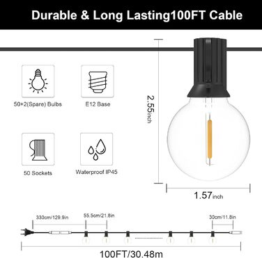 LED гірлянда GLUROO для вулиці, 7.6м, 12+1 лампочки G40, вологостійка, тепле світло, для саду, вечірок