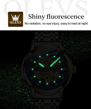 Чоловічий годинник OLEVS Gold Skeleton: автоматичний механічний, зі сталевим браслетом, водонепроникний, люксовий дизайн, синій циферблат