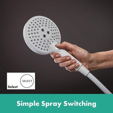 hansgrohe Raindance Select S - water-saving showerhead 9 l/min (EcoSmart), handheld shower with 3 spray patterns, round shower head (⌀ 120 mm), water-saving showerhead with anti-limescale function, (with PowderRain spray, Mattwhite, 3 spray patterns including PowderRain)