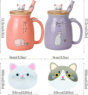 2-Pack Cat Mugs - Cute Ceramic Coffee Cups Set of 2 with Bamboo Lid and Spoon. Novelty Morning Cup Coffee, Milk, Tea Cups - 3D Cat Animal Mugs for Cat Lovers (Red and Purple)