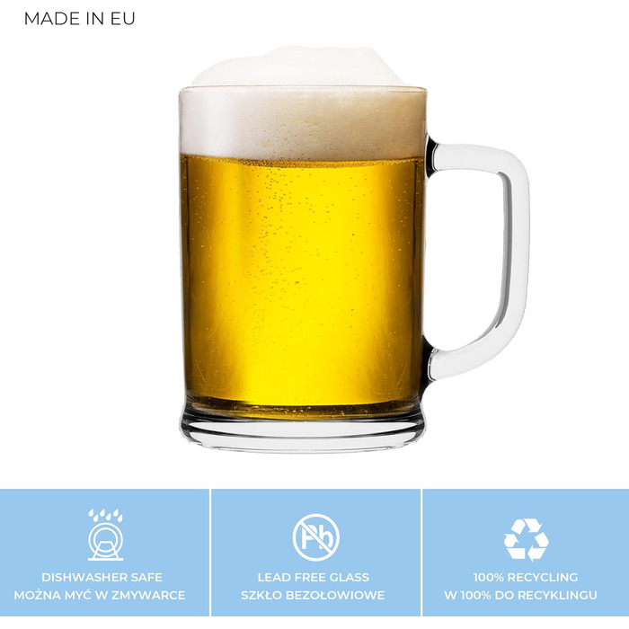 TREND FOR HOME Beer Stein Set of 6, 0.5 Liter with Comfortable Handle, Glass Mug 0.5 Liter Beer Glass, Beer Stein, Beer Glasses 0.5 Beer Mug, Beer Maßkrug Glass Beer Steins Maßkrug Transparent | Ulf
