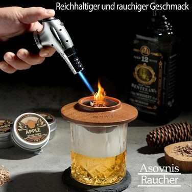 Набір для копчення віскі з факелом: 6 смаків, дерев'яні тріски, 2 склянки, 6 контейнерів для віскі, коктейльний набір для копчення, набір для копчення напоїв, подарунок на день народження для любителів бурбону (без бутану)