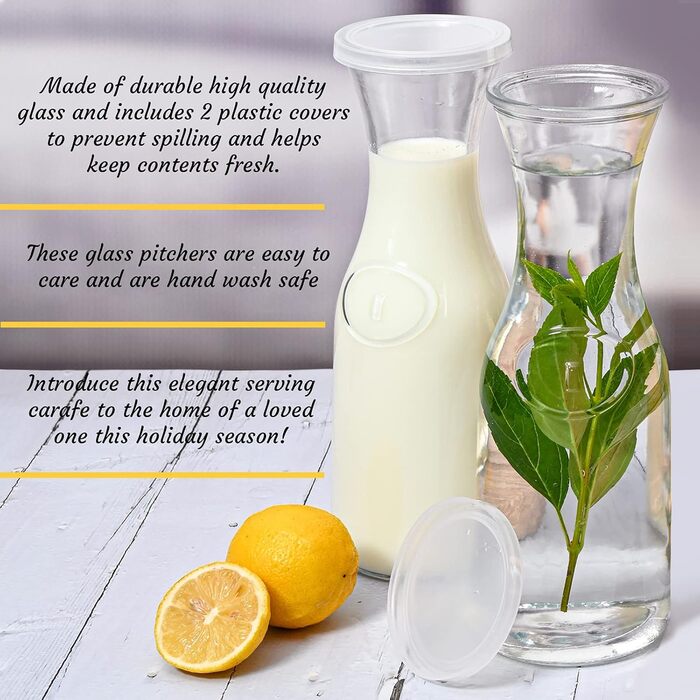 Glass Carafe Style 1 Liter with Lid for 1 Liter (2), Water, Juice, Tall Slim Neck Design, 935 ml, 2 Pieces, Transparent