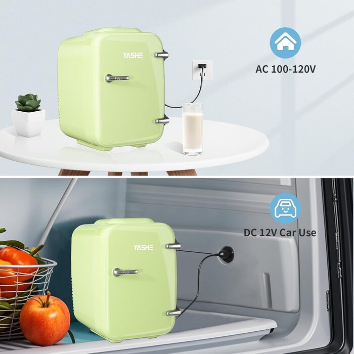 Міні-холодильник YASHE, 4 літри, для косметики та напоїв, 220V AC/ 12V DC, термоелектричне охолодження та підігрів, білий/зелений