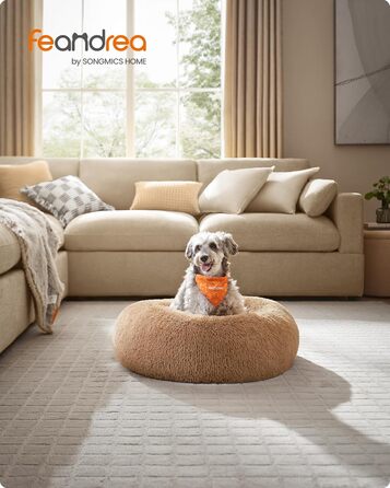 Крісло-лежанка для собак та котів Feandrea, м'яке, у вигляді подушки-донуту, 60 см, Ombré-Grey, знімний наповнювач, довгий плюш, 70x70x20 см, верблюжий колір