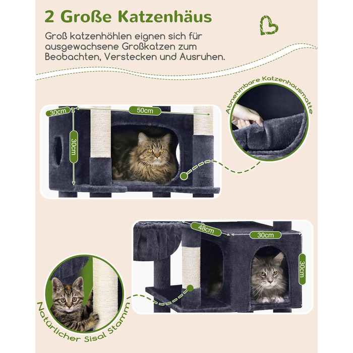 Драбина для котів Globlazer XXL, 188 см, з будиночком, платформами та кошиками. Стабільна, не хитається, для великих котів. Темно-сірий колір