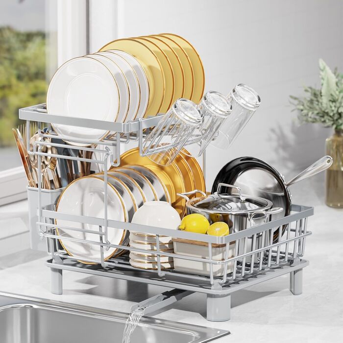 LIONONLY Dish Drying Rack, Small 2-Tier Dish Rack with Drip Tray, Stainless Steel Dish Drying Rack with Utensil Holder, Drink Holder and Swivel Spout, Dish Drying Stand Kitchen
