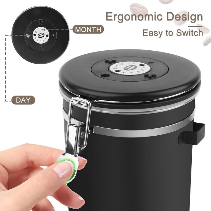 Герметичний контейнер для кави з нержавіючої сталі, 1,8L, з випускним клапаном, для кавових зерен, горіхів, какао (BK)