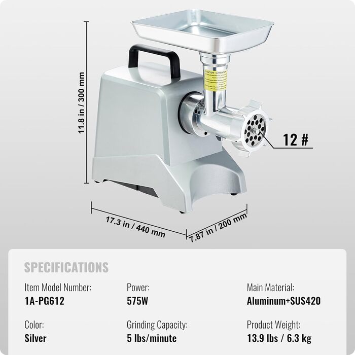 Електрична машина для фаршу VEVOR 1100W, 250 кг/год, з нержавіючої сталі, для ресторану, супермаркету, м'ясокомбінату
