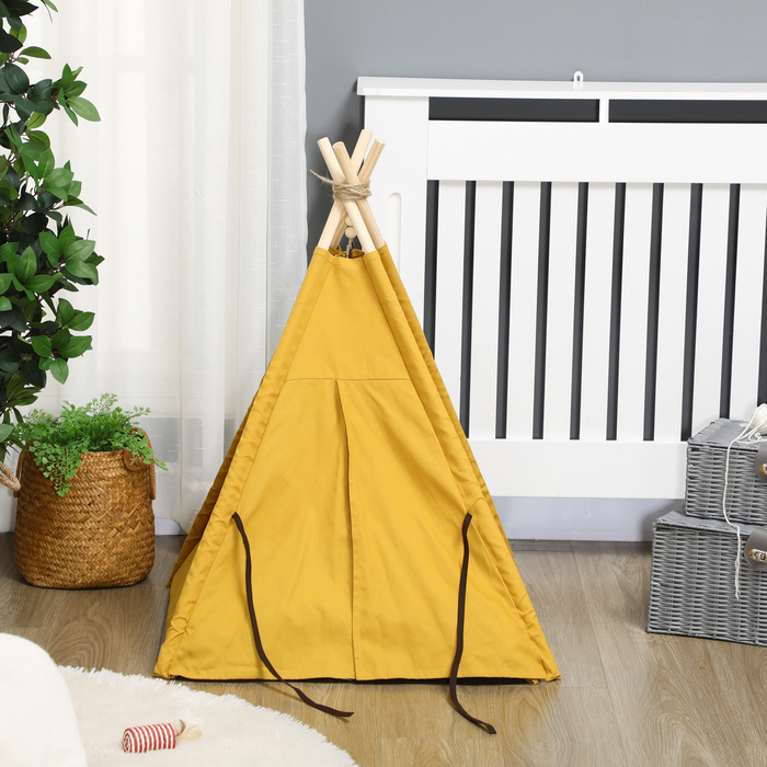 PawHut Будиночок для котів Tipi-намет, ліжко для собак з подушкою, з неслизьким покриттям, з іграшковим м'ячиком, з соснового дерева, для використання в приміщенні, жовтого кольору | Aosom