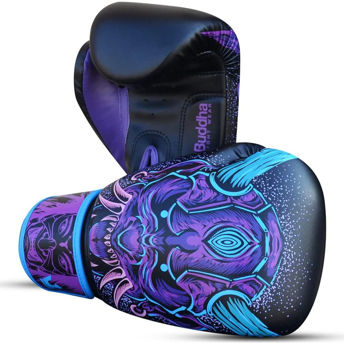 Buddha Fight Wear Luzbel Boxing Gloves - Muay Thai & Kickboxing - 12oz Blue - Premium Leather & Odor-Resistant Interior