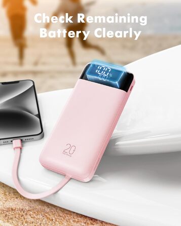 Повербанк Charmast 20000 mAh з 4 вбудованими кабелями, швидка зарядка 22.5W, портативний зовнішній акумулятор для iPhone, Android, iPad, рожевий